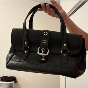 Y2K black shoulder bag with silver buckle and hardware details